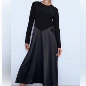 Zara black jersey satin combination midi dress long sleeves